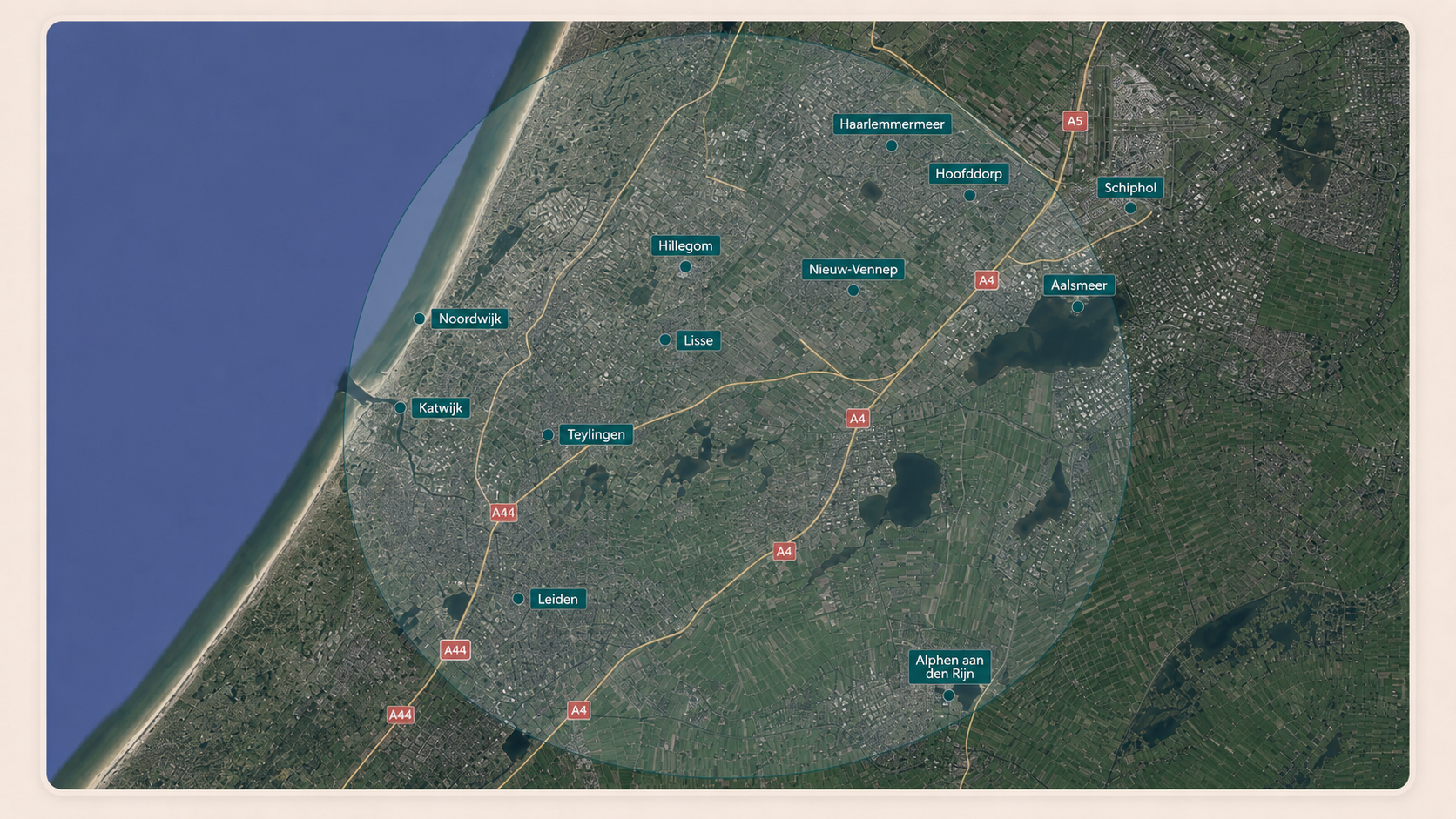 Kaart van de regio met Noordwijk, Katwijk, Leiden, Hillegom, Lisse, Teylingen, Nieuw-Vennep, Hoofddorp, Haarlemmermeer, Aalsmeer, Alphen aan den Rijn en Schiphol
